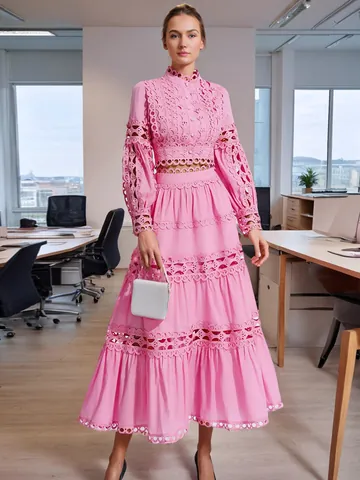 French Vintage Elegant Hollow Out Lace Trim Long Sleeve Top And Tiered Maxi Skirt Outfit For Women Banquet Party