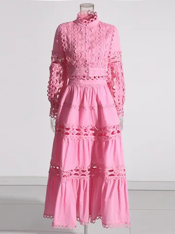 French Vintage Elegant Hollow Out Lace Trim Long Sleeve Top And Tiered Maxi Skirt Outfit For Women Banquet Party