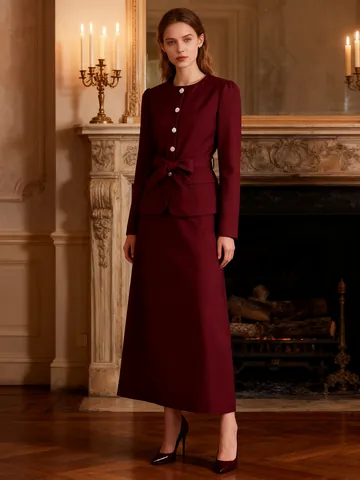French Vintage Palace Style Women Skirt Set Polyester Cotton Round Neck Top And High Waist A-Line Long Skirt Wine Red Banquet Outfit