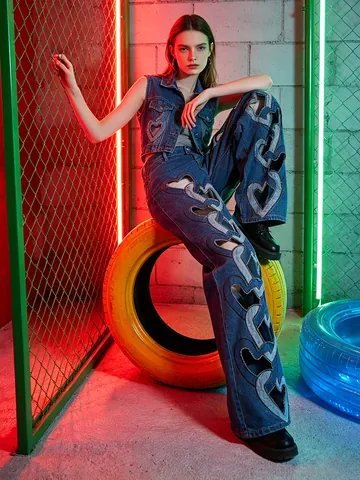 Vaqueros de Mezcla de Algodón con Recorte de Corazón y Cintura Alta para Mujer Streetwear Y2K Pantalones Vaqueros Rectos Lavados