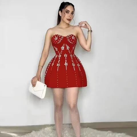 Elegante Strapless Strass Mini Jurk Polyester Pof A-Lijn Feestjurk Banket Zwarte Jurk Voor Dames Formele Avondjurk