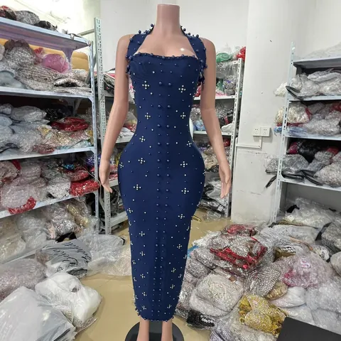 Women Sexy Rhinestone Halter Bandage Dress Elegant Bodycon Sleeveless Backless Maxi Dress For Evening Party Wedding Banquet