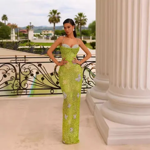 Vestido de Noche para Mujer Elegante con Cuello en V Camisola con Lentejuelas Maxi Bodycon Espalda Descubierta Decoración de Mariposa