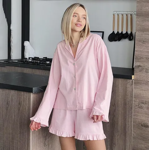 Dames Katoen Pyjama Set Lange Mouw Top En Roffel Short Knoopsluiting Nachtkleding Loungewear Casual Effen Kleur