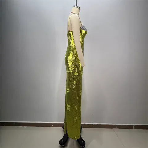 Vestido de Noche para Mujer Elegante con Cuello en V Camisola con Lentejuelas Maxi Bodycon Espalda Descubierta Decoración de Mariposa