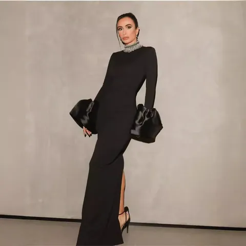 Elegante Vestito da Sera con Manica a Tromba e Scollo in Strass Moda Aderente Bodycon Banchetto Vestito Lungo Poliestere Strass