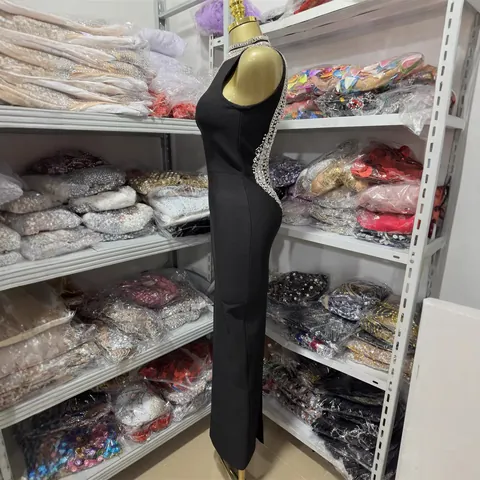 Vestido Maxi Sexy para Mujer con Espalda al Aire y Diamantes de Imitación Corte Ajustado Sin Mangas para Fiesta Negro