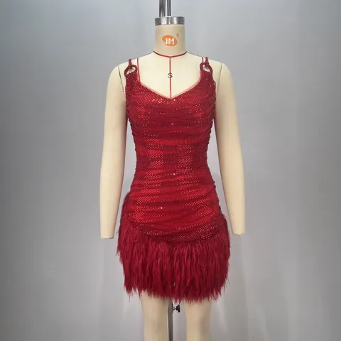 Women Red Sequin Feather Mini Dress Sexy V Neck Spaghetti Strap Glitter Party Dress Luxury Birthday Christmas Outfits