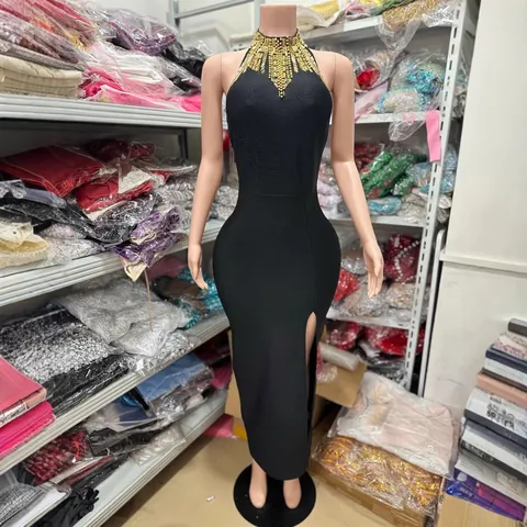 Vestito Maxi Aderente con Collo all'Americana e Strass da Donna Sexy Spacco Alto Scintillante Elegante Celebrità Sera Banchetto Festa Vestito Lungo