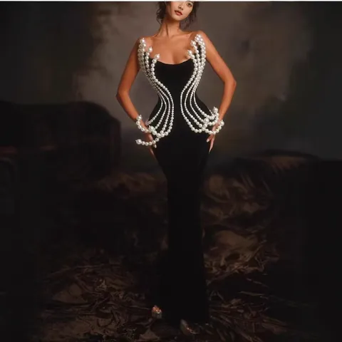 Abito da Sera Bodycon Sexy da Donna Senza Spalline Vestibilità Aderente Tubino Lungo Con Perline di Perle Artificiali per Festa Banchetto