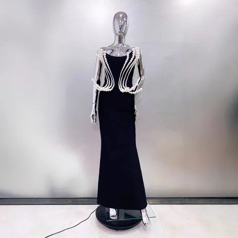 Abito da Sera Bodycon Sexy da Donna Senza Spalline Vestibilità Aderente Tubino Lungo Con Perline di Perle Artificiali per Festa Banchetto