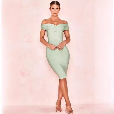 Women Sexy Off-The-Shoulder Bandage Dress Elegant High Waist Bodycon Midi Dress For Banquet Party Night Club Top And Bottom