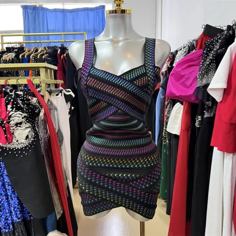Vestito da Donna Sexy Scollo a V Pied de Poule Stampa a Foglia Bodycon Fasciato Mini Abito da Festa Iridescente Multicolore