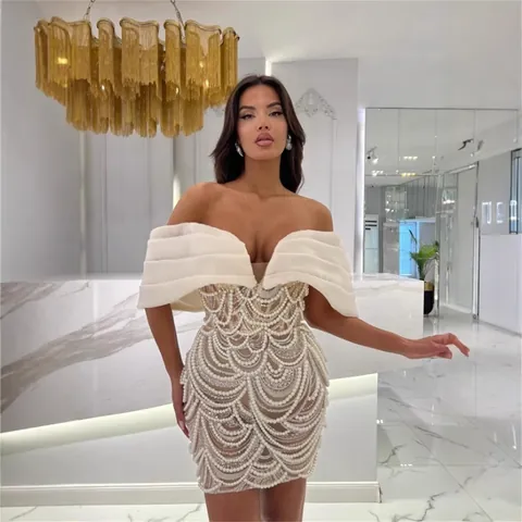 Women's Elegant Backless Tube Top Slim Beaded Mini Dress Artificial Pearl Ruffle Evening Party Gown Fashion Clothing