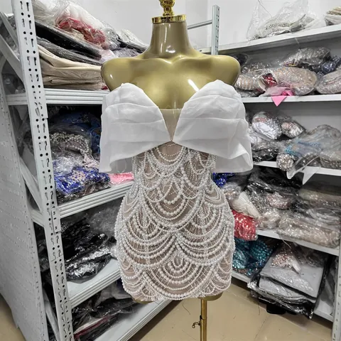 Women's Elegant Backless Tube Top Slim Beaded Mini Dress Artificial Pearl Ruffle Evening Party Gown Fashion Clothing
