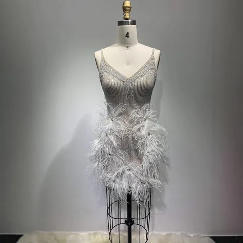 Women Sexy Feather Patchwork Mini Dress Stage Performance V-Neck Sleeveless Polyester Sequin Party Clubwear Top And Bottom