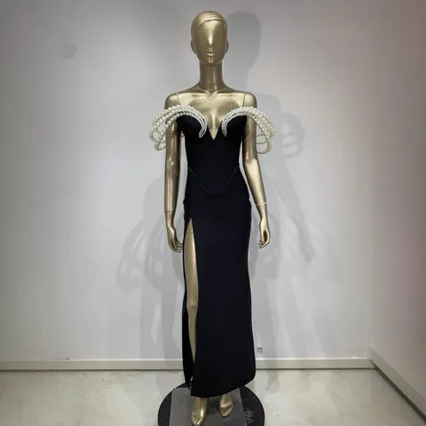 Vestido Bandage Negro Elegante para Mujer Sin Tirantes con Perlas Artificiales 3D Vestido Maxi de Fiesta con Abertura Alta Sexy Vestido de Poliéster