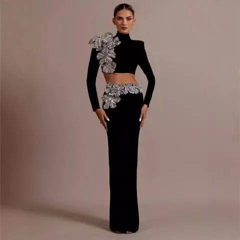 Completo Donna Sexy a Fascia Top E Bottom Con Strass Pesanti Fiori 3D Gonna Maxi a Vita Alta Due Pezzi Abito da Sera Party
