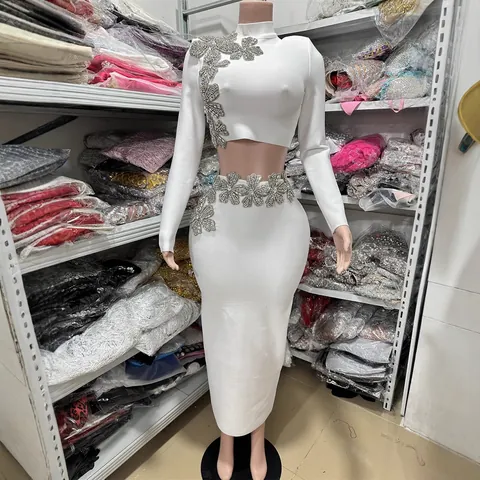 Completo Donna Sexy a Fascia Top E Bottom Con Strass Pesanti Fiori 3D Gonna Maxi a Vita Alta Due Pezzi Abito da Sera Party