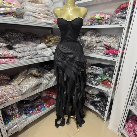 Abito da Sera da Donna Sexy a Fascia con Strass Bordo a Volant Spacco Laterale Elegante Vestito Lungo da Festa Aderente in Poliestere