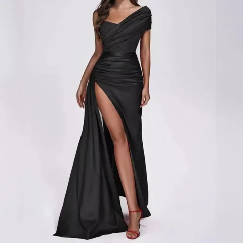 Abito da Donna Elegante in Poliestere Monospalla Senza Maniche Schiena Scoperta Abito Lungo da Sera con Spacco Plissettato Top And Bottom