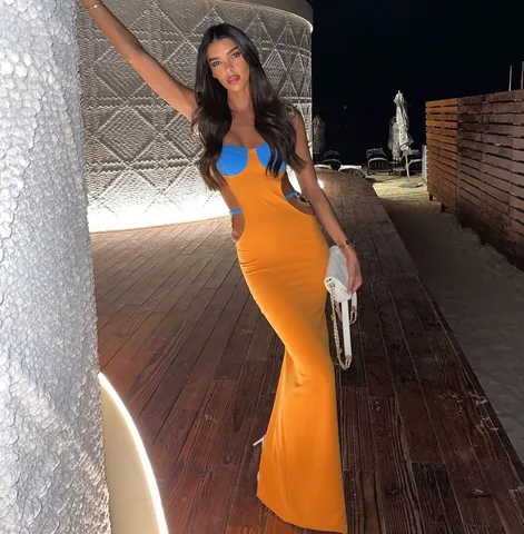 Sexy Women Bandage Maxi Dress With Metal Hearts Hollow Out Backless Split Hem Contrast Color Party Banquet Top And Bottom