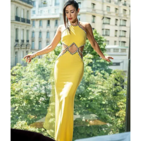 Women Halter Neck Cut Out Maxi Dress Lemon Yellow Rhinestone Embellished Sexy Slim Fit Party Vacation Long Dress Top And Bottom