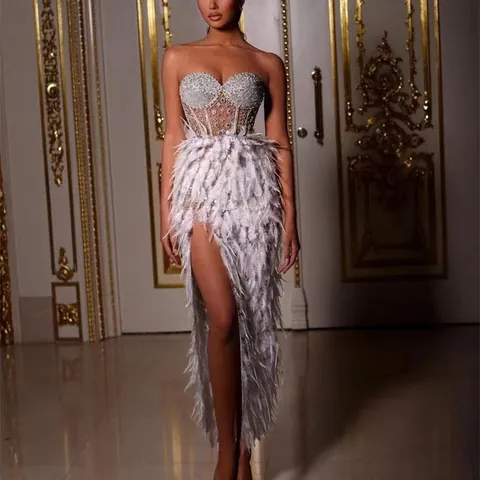 Sexy Strapless Feather Rhinestone Beaded Evening Dress White High Slit Bodycon Midi Dress For Women Party Banquet Gown