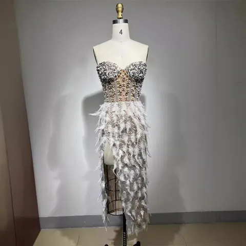 Sexy Strapless Feather Rhinestone Beaded Evening Dress White High Slit Bodycon Midi Dress For Women Party Banquet Gown