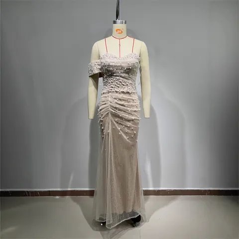 Elegant One-Shoulder Sequin Beaded Evening Gown Cotton Polyester Mesh Tube Top Fishtail Mermaid Dress For Wedding Party Women
