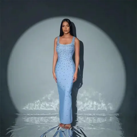 Abito Lungo da Sera da Donna Sexy con Schiena Scoperta e Strass Scollo a V Vestito a Fascia Bodycon Elegante per Feste