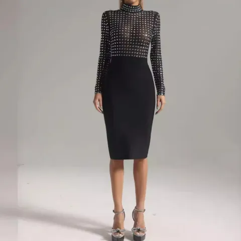Women's Sexy Mock Neck Rhinestone Patchwork Bodycon Bandage Dress Long Sleeve Evening Party Dress Black Formal Midi Dress