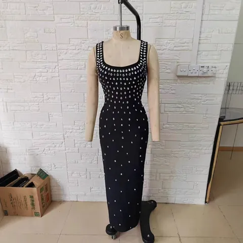 Abito Lungo da Sera da Donna Sexy con Schiena Scoperta e Strass Scollo a V Vestito a Fascia Bodycon Elegante per Feste
