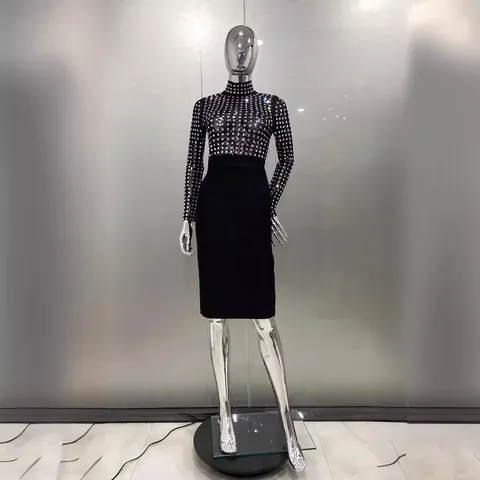 Women's Sexy Mock Neck Rhinestone Patchwork Bodycon Bandage Dress Long Sleeve Evening Party Dress Black Formal Midi Dress