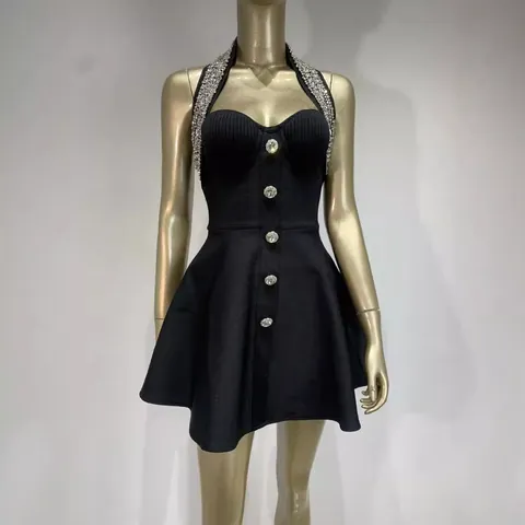 Women Sexy Halter Neck Little Black Dress Rhinestone Beading Backless Slim Fit A-Line Short Party Dress Evening Gown