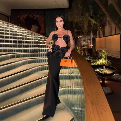Conjunto de Top And Bottom Elegante para Mujer Poliéster Flores 3D Espalda Descubierta Top Halter y Falda Larga Sirena Vestido