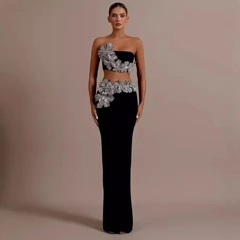 Conjunto de Top Y Parte Inferior Elegante para Mujer Strass Flor Negro Vendaje Tube Top Falda Maxi de Cintura Alta