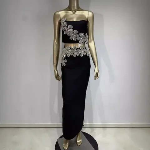 Conjunto de Top Y Parte Inferior Elegante para Mujer Strass Flor Negro Vendaje Tube Top Falda Maxi de Cintura Alta