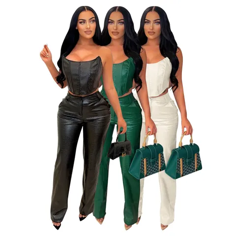 Femmes Sexy PU Cuir Imprimé Crocodile Top Et Bottom Top Corset Sans Bretelles Pantalon Droit Taille Haute Tenue De Fête