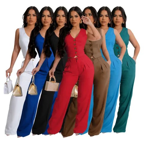 Women Polyester Spandex Top And Bottom Set Solid Color V-Neck Single-Breasted Vest And High Waist Wide Leg Trousers Office OL Suit