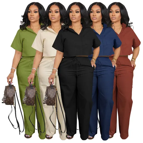 Haut et Bas Ensemble Femme Casual Chemise à Manches Courtes à Revers et Boutons et Pantalon Large à Taille Haute Couleur Unie Tenues de Bureau