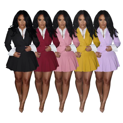 Women OL Office Blazer And Pleated Skirt Top And Bottom Suit Set Patchwork Double Breasted Professional Workwear Fashion
