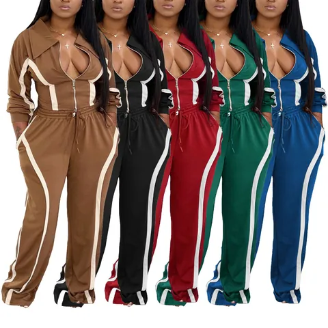 Damen Casual Trainingsanzug Set Kontraststreifen Reißverschluss Top Und Bottom Polyester Spandex Sport Outfit Für Herbst Frühling