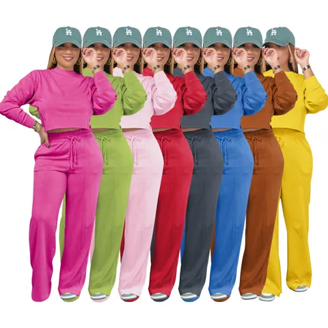 Women Casual Sweatshirt Top And Bottom Thickened Round Neck Long Sleeve Pullover And Drawstring Wide Leg Pants Sportswear