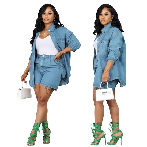 Ensemble Deux Pièces en Denim Décontracté pour Femmes Veste à Manches Longues Et Short Lavé Couleur Unie Top And Bottom