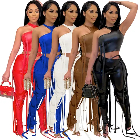 Women Sexy Faux Leather Top And Bottom Strappy Lace Up Sleeveless Crop Top High Waist Tight Pants Club Party Nightwear