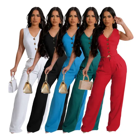 Women Polyester Spandex Top And Bottom Set Solid Color V-Neck Single-Breasted Vest And High Waist Wide Leg Trousers Office OL Suit