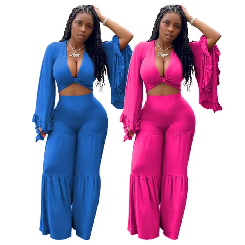 Haut Court Sexy à Manches Longues avec Col en V pour Femmes et Pantalon Évasé à Taille Haute Patchwork Top And Bottom