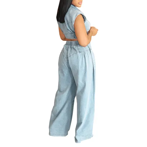 Ensemble Femme Style Denim Décontracté Sans Manches Haut à Fermeture Éclair Et Pantalon Large à Taille Haute Bleu Clair