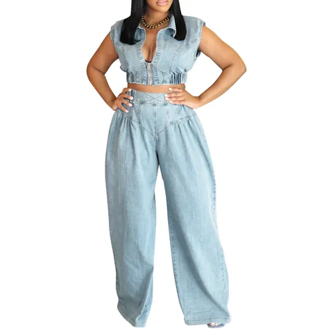 Ensemble Femme Style Denim Décontracté Sans Manches Haut à Fermeture Éclair Et Pantalon Large à Taille Haute Bleu Clair